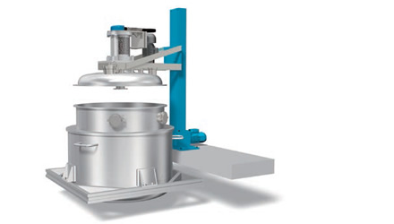 Lifting and lowering of the pot lid of the stirring device